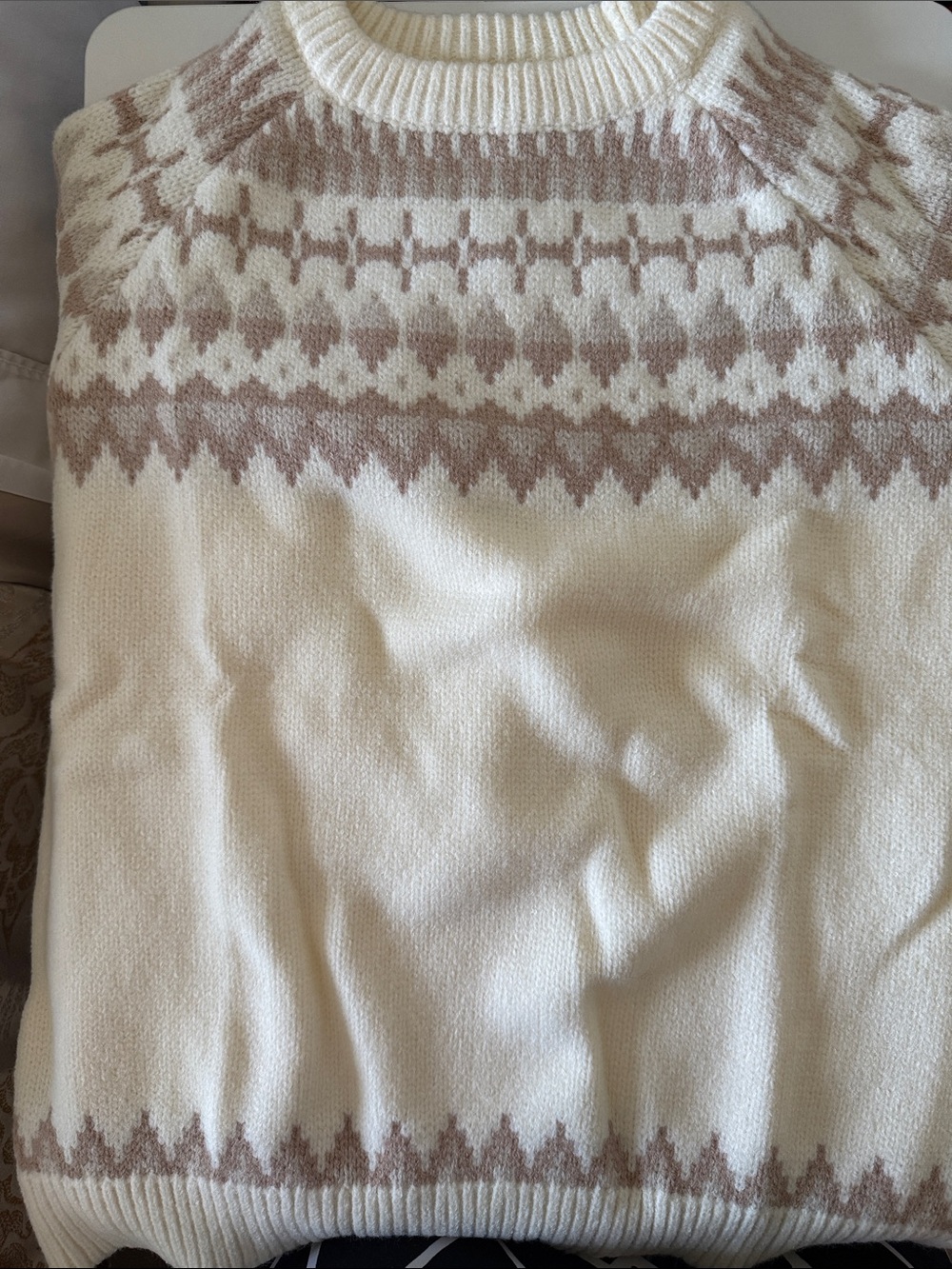 Aelfric Eden Cream and Light Beige Fair Isle Crewneck Sweater